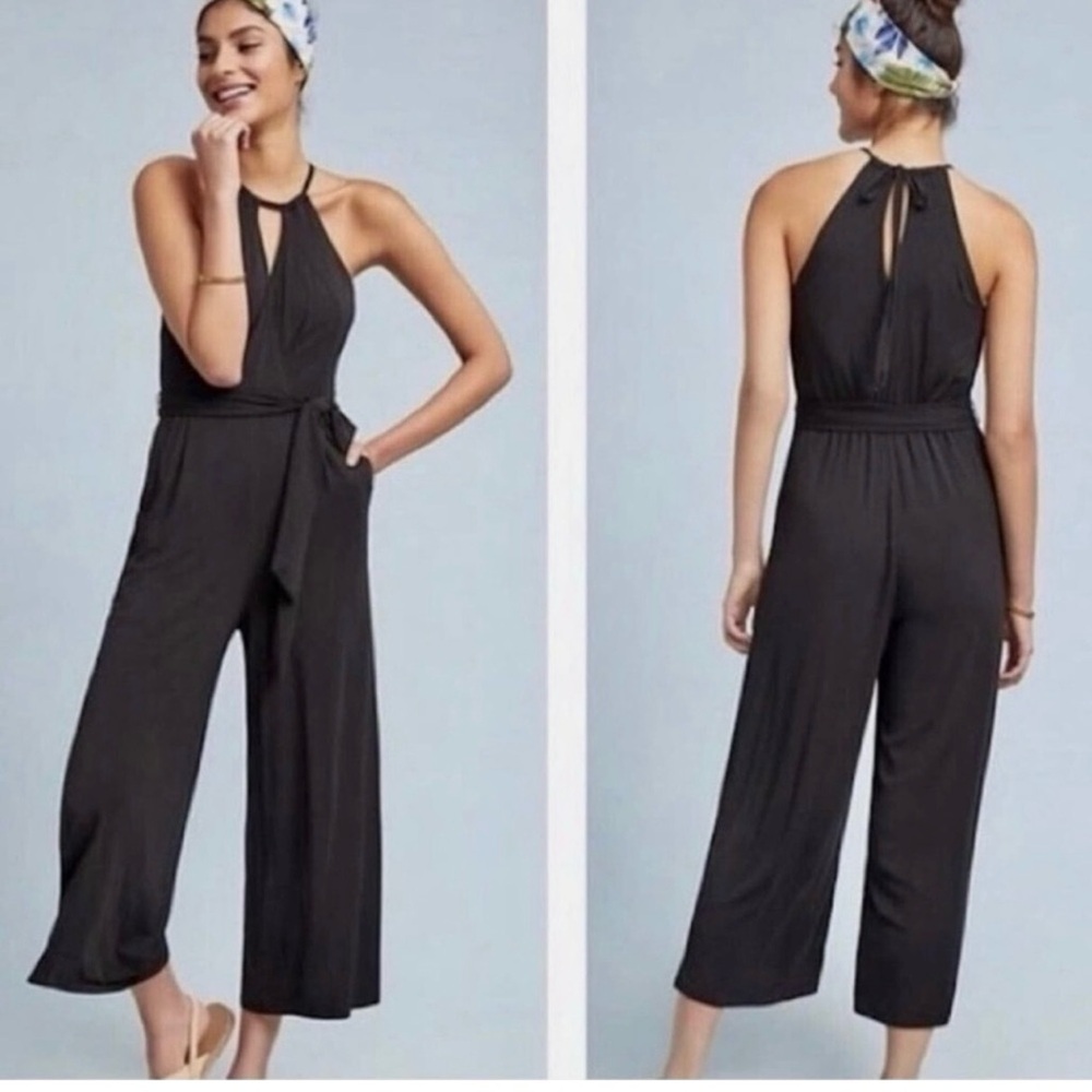Anthropologie Maeve Corianna Black Halter Belted Romper